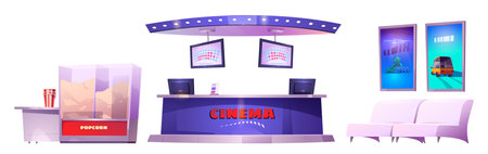 Isolated ticket office and popcorn bar for cartoon modern cinema interior in vector. Movie poster above armchair for lounge area, nobody seating. Pop corn maker machine design illustration for game.のイラスト素材