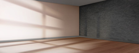 3d empty realistic room corner render with gray wall and wooden floor in vector. Gobo effect sunlight from window inside scene. Contemporary indoor mockup template for interior design of showroom.のイラスト素材