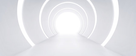 3d realistic white abstract room with tunnel. Empty illuminated museum corridor in vector. Empty studio hall. Futuristic advertising showroom for exhibit or product. Minimal indoor gallery stage.のイラスト素材