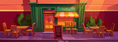 Cafe exterior with table and chair outside cartoon background. Outdoor restaurant on city street vector illustration. Retro signboard near bar entrance. Vintage furniture for coffeehouse on sidewalk.のイラスト素材