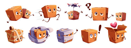 Cartoon set of cute parcel mascots isolated on white background. Vector illustration of delivery box smiling, sad, damaged, fast, lost, delivered by drone, with romantic gift inside. Courier serviceのイラスト素材