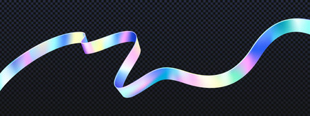 Abstract holographic tape isolated on transparent background. Vector realistic illustration of silver wavy ribbon with rainbow color effect, reflective surface and metallic texture. Design elementのイラスト素材