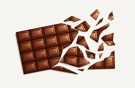 Realistic broken chocolate bar on transparent background. Top view scattered divided tasty confectionery snack with sugar. Isolated yummy pleasure cut dessert clipart. Sweet snack ingredient.のイラスト素材