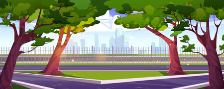 Summer city park landscape background. Cartoon vector skyline scene with road. Ctyscape urban illustration with green trees, asphalt walking paths. Modern architecture perspective view, fenceのイラスト素材