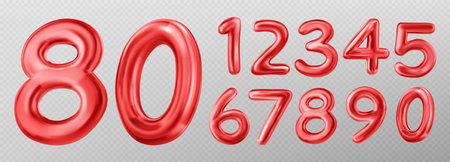 3d red numbers font for birthday or anniversary celebration, sale banner. Glossy metal balloons of 3d digits, vector realistic illustration isolated on transparent backgroundのイラスト素材