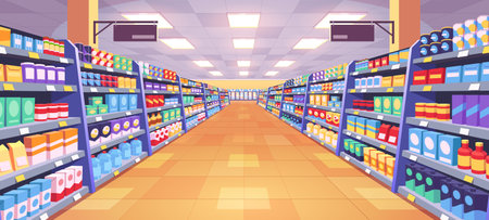 Aisle in grocery store and shelves with food vector background. Supermarket interior background perspective view. Merchandise in hypermarket with display shelf full of products to buy.のイラスト素材