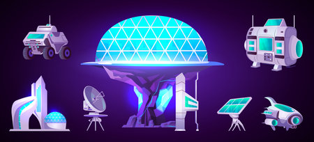 Vector spaceship and station to explore galaxy. Cartoon set space science base with rover, shuttle, tekescope and circle observatory to discovery solar system. Futuristic cosmic game illustration.のイラスト素材