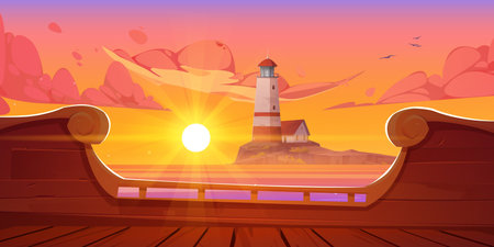 Sea sunset landscape with lighthouse on island, ship deck view. Cartoon vector background with house on rocky coast in ocean. Beacon building on harbor seascape at orange sunrise, evening or morningのイラスト素材
