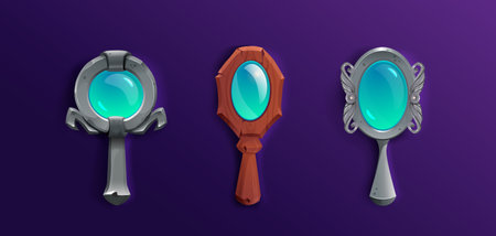 Set of cartoon hand mirrors in stone, wood and metal frames isolated on background. Vector illustration of antique magic glasses with fortunetelling power. Enchanted witchcraft accessory, game propsのイラスト素材