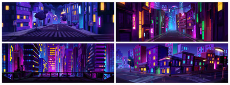 Neon light on night city road street cartoon landscape set of illustration. Urban vector skyline background with building and road at nighttime. Empty dark game panorama scene collection.のイラスト素材