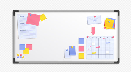 Realistic whiteboard for memo notes and planner isolated in vector. Schedule on wall for organize work process plan and list of meeting. Wall magnet taskboard for calendar in classroom.のイラスト素材