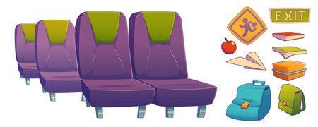 School bus seats. Train, public vehicle cabin interior set with passenger chairs, books and signs. Autobus for kids transportation inside, vector illustration in contemporary styleのイラスト素材