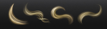Set of shimmering dust swirls isolated on transparent background. Vector realistic illustration of sand and wind vortex in desert. Magic power effect. Golden air trail with sparkling powder particlesのイラスト素材