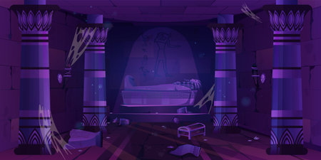 Abandoned ancient egypt temple game background with spiderweb at night. Danger and creepy vector egyptian plundered palace interior with tomb. Stolen mythology treasure chest near sarcophagus.のイラスト素材