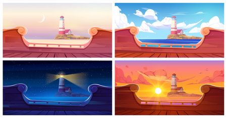 Lighthouse island view from old wooden ship board at night and day time. Vector cartoon illustration of nautical tower on rocky land, beautiful sunrise and sunset over sea water. Game adventure voyageのイラスト素材