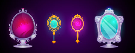 Vintage magic mirror with frame cartoon game illustration. Vector ui princess or witch object for fantasy or fairytale medieval interface. Antique decorative oval asset isolated on dark background.のイラスト素材
