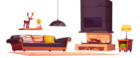 Isolated alpine chalet house furniture vector set. Cartoon cabin interior with fireplace and wood illustration on white background. Vintage comfortable living room in hotel decoration.のイラスト素材