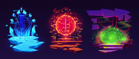 Magic portal gate for adventure fantasy game cartoon vector illustration set. Travel in parallel world with ice or future. Isolated shiny fiery tunnel scene with porch. Fantastic frost teleportationのイラスト素材