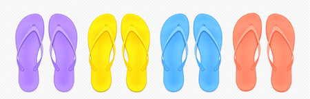 Isolated realistic beach flip flops vector mockup. 3d hawaiian slipper icon mock up. Colorful rubber pool thongs set for advertising paradise and tourism. Recreation sandals collection for branding.のイラスト素材