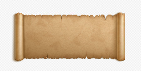 Old paper or parchment scroll. Ancient papyrus texture. Empty antique manuscript with rolled edges isolated on transparent background, vector realistic illustrationのイラスト素材