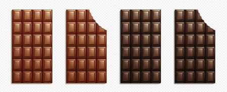 Realistic set of whole and biten chocolate bars isolated on transparent background. Vector illustration of milk dark choco dessert, brown sweet food, delicious cocoa, sugar snack. Cooking ingredientのイラスト素材