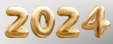 3d gold balloon number 2024 new year, realistic isolated vector. Golden holiday party decoration. Metal typography glossy symbol for sale decor. Metallic ballon shiny font on transparentのイラスト素材