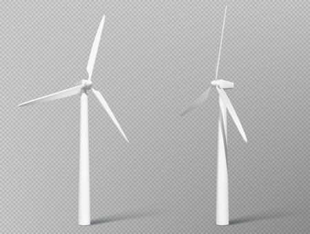 3d wind power generator turbine icon in vector on transparent background. Set of white windmill for renewable clean energy production. Aerogenerator islated illustration with realistic air propeller.のイラスト素材