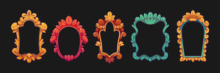 Empty trendy contemporary vintage frame with ornament vector set. Isolated antique cartoon photo or mirror drawn border. Victorian art royal blank design framework template collection.のイラスト素材