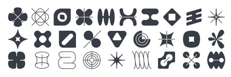 Abstract geometric shapes, elements of brutalism style. Simple figures, minimal symbols with star, triangle, circle and square silhouettes, vector flat setのイラスト素材