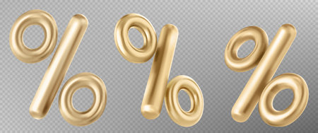 3d gold chrome percent symbol for black friday sale background. Vector percentage icon for discount calculation or infographic on transparent background. Realistic font png for card design.のイラスト素材