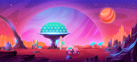 Futuristic city under glass dome on alien planet. Vector cartoon illustration of modern rover, solar panels and space buildings on red rocky landscape. Fantasy science and tecnhology cosmic stationのイラスト素材