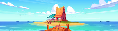 Tropical hut on beach island with pier cartoon landscape. Bungalow house sea paradise for exotic vacation. Wooden cabin on hawaii background. Adventure on private building with terrace, fishing houseのイラスト素材