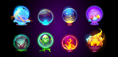 Cartoon set of magic fortune telling crystal balls on dark background. Vector illustration of neon color witchcraft energy spheres with lightning, meteor shower, gemstones, skull, fire, tree insideのイラスト素材