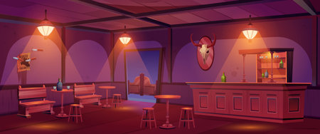 Wild west pub interior with furniture and decor. Vector cartoon illustration of cowboy saloon at night, old wooden tables, stools and bar counter, alcohol bottles and glasses on shelves, evening lightのイラスト素材