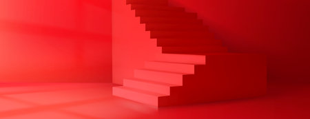 3d vector room with stairs, red wall background. Minimal geometric realistic pedestal with staircase for product. Perspective view layout with platform, light from window. Minimalist presentationのイラスト素材