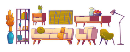 Living room cozy furniture cartoon vector set. Isolated flat interior with modern couch, table, bookstand, armchair and plant. Empty indoor home decor object collection. Stylish apartment elementsのイラスト素材