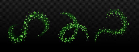 Realistic set of abstract cool air swirls with green leaves isolated on transparent background. Vector illustration of wind flow effect with fresh mint or tea foliage. Organic herbal product, medicineのイラスト素材