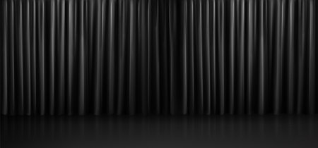Realistic black curtain background. Vector illustration of silk dark gray fabric texture with smooth wavy surface and light drapery folds, stage decoration. Home interior design element. Luxury clothのイラスト素材