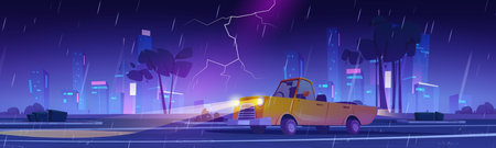 Car drive on city street in rain at night. Rainy weather, thunderstorm with lightning and cabriolet driving on road. Cityscape with buildings and highway in storm, vector cartoon illustrationのイラスト素材
