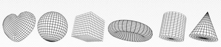 3D set of wireframe geometric figures isolated on transparent background. Vector realistic illustration of heart, globe, cube, torus, cylinder, cone shape graphic objects. Virtual reality elementsのイラスト素材