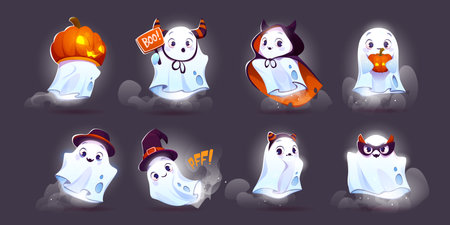 Cute ghost halloween vector illustration set. Happy funny character with pumpkin, hat and dracula costume. Isolated october holiday spooky mascot with emotion expression and smoke on dark background.のイラスト素材