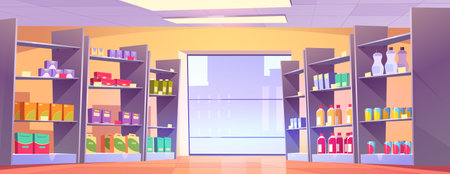 Cartoon supermarket aisle with large window. Vector illustration of shelves full of colorful cardboard boxes and food packages, bottles with beverages, lamps on ceiling. Grocery store departmentのイラスト素材