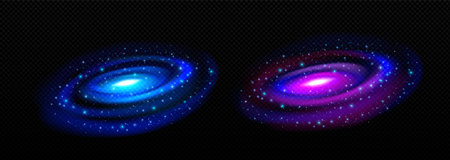 Realistic neon blue circular motion in outer space isolated on transparent background. Abstract black hole in cosmic galaxy with stars shining bright in night sky. Infinity portal with nebula effectのイラスト素材