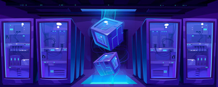 Modern data center room interior design. Vector cartoon illustration of office with server hardware, information security, crypto mining farm, computer hosting equipment. Communication technologyのイラスト素材