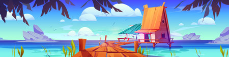 Vector house on stilt tropical sea landscape. Wooden hut with private pier cartoon background with palm tree leaves. Paradise in small hawaii bungalow vacation. Summer sky and rock ocean view scene.のイラスト素材