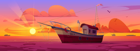 Fish trawler boat in sea vector marine background. Commercial fishery ship with lifebuoy in ocean water cartoon vector illustration. Adventure game for catching fish, early evening with orange sunsetのイラスト素材