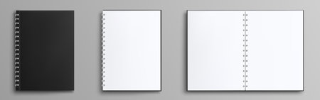 Spiral binder notebook vector mockup template with white paper. Realistic blank notepad planner mock up. Isolated note book with closed empty black cover and open sheet. Education a5 stationary.のイラスト素材