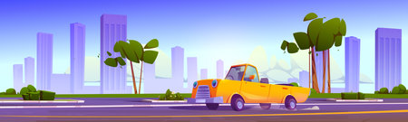 Luxury convertible and road cartoon city vector landscape. Yellow vintage car on street in town game background. Urban scene side view cityscape wallpaper with skyscrapers. Luxurious cabriolet drive.のイラスト素材