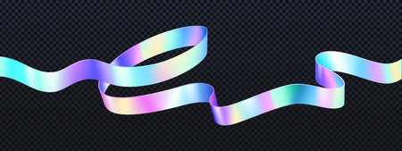Holographic ribbon swirl wave line isolated vector on transparent background. Iridescent neon foil hologram shape with gradient. Dynamic pink, blue and purple pastel trendy splash curve.のイラスト素材