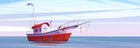 Fish trawler boat in sea vector marine background. Commercial fishery ship with lifebuoy in ocean water cartoon vector illustration. Adventure game for catching fish, early morning with pastel skyのイラスト素材